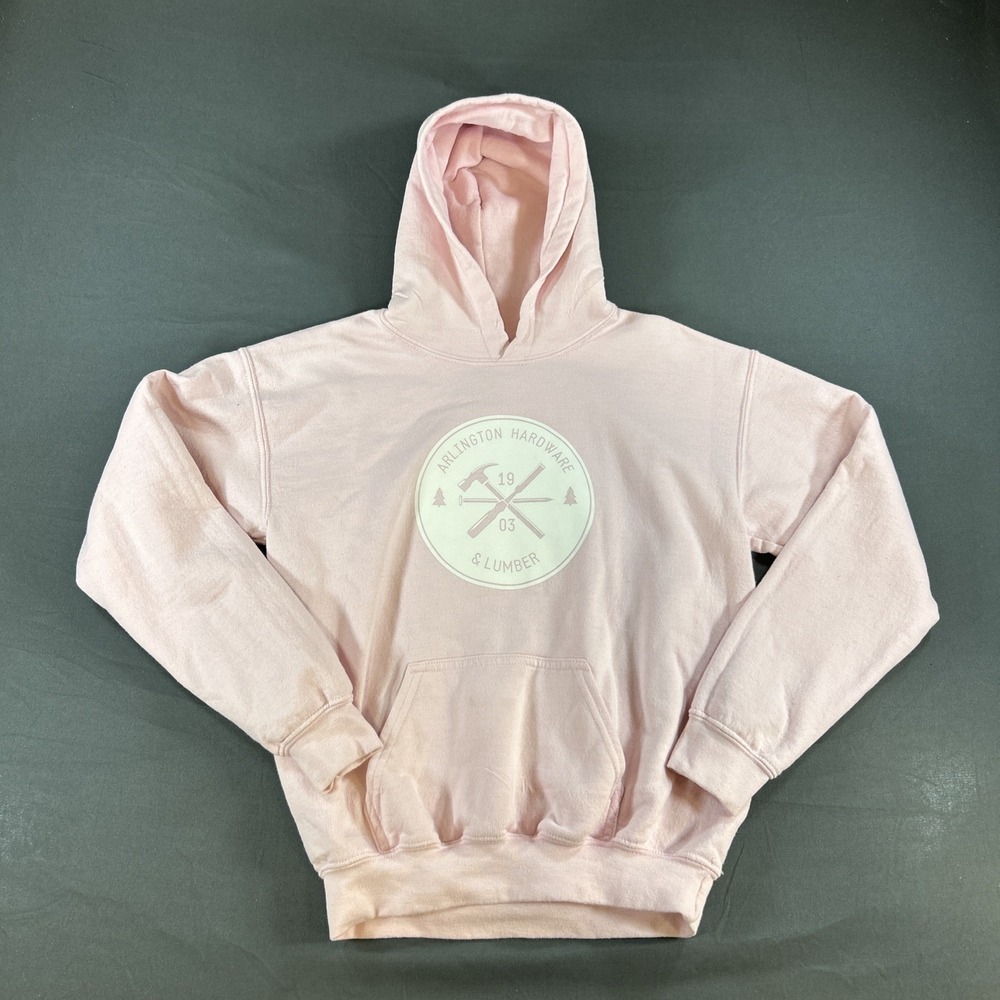 light pink Arlington Hardware & Lumber branded hoodie Large
